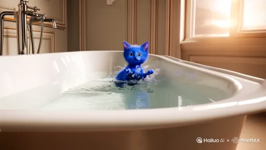 生生成一只蓝色小猫自己放洗澡水洗澡时长为10秒 by Hailuo AI Video Generator