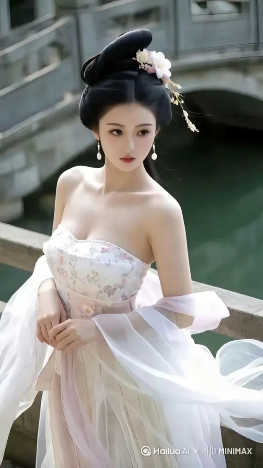面露羞涩，展示身姿，镜头环绕拍摄[左移,右摇,跟随] by Hailuo AI Video Generator