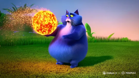 一只一只非常胖的蓝色猫咪在草坪上滚着一个散发着火气的火球，嘴里一直说续火花续火花续火花续欢欣欢欣欢欣欢欣欢欣。 by Hailuo AI Video Generator