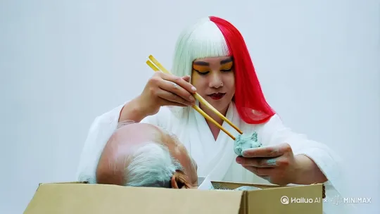 一个头发红白相间的穿白衣服的人拿筷子夹水泥喂给自己的爷爷吃，爷爷躺在盒子里[右移,左摇,跟随] by Hailuo AI Video Generator