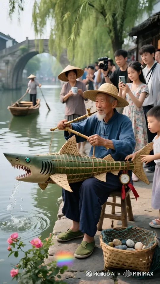 镜头移动，动态跟随，无人机视角。一位老爷爷拿着手里的竹编鲨鱼，鲨鱼眼睛瞬间转动，头左右摇摆，活过来了，大尾巴一甩，快速的钻进了河里，激起了浪花，拍打着双鳍，水花四溅，像鱼一样自由自在的在河中间游去，又快速左转，浪里白条，旁边的人都拍手叫好 by Hailuo AI Video Generator