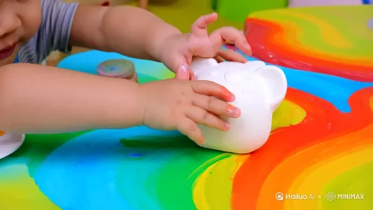 开头（5-10秒）——快速抓眼球**  
- 镜头特写：孩子小手拿起白石膏（如小熊、恐龙等可爱造型）+ 欢快背景音乐  
- 画外音/字幕：**“用10块钱的石膏，让孩子安静1小时？（附避坑指南）”**  

**2. 中间（主体部分）——分步骤展示**  
- **材料准备**（快速剪辑）：石膏胚、儿童安全颜料、画笔、调色盘、围裙。  
- **创作过程**（重点拍摄）：  
  - 孩子调色/涂色的特写（突出专注表情或搞笑翻车瞬间）。  
  - **技巧提示**：如“先涂大面积再画细节”“颜料别兑水太多”。  
- **亲子互动镜头**（可选）：家长帮忙或孩子炫耀作品，增强情感共鸣。  

**3. 结尾（5秒）——引导互动**  
- 成品展示：孩子举作品微笑+字幕**“你娃能打几分？👇评论区晒图”**  
- 花絮彩蛋：孩子弄花脸的搞笑片段，增加真实感。 by Hailuo AI Video Generator