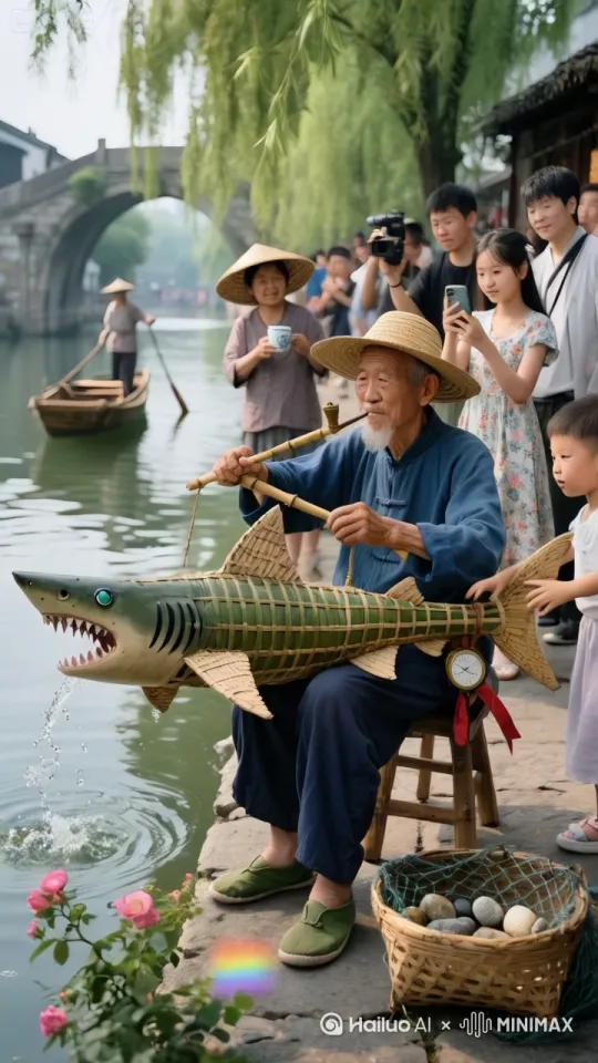 镜头移动，动态跟随，无人机视角。一位老爷爷拿着手里的竹编鲨鱼，鲨鱼眼睛瞬间转动，大头一晃动活过来了，大尾巴一甩，快速的跳进了河里，朝对岸游去，激起了浪花，拍打着双鳍，水花四溅，又快速左转，浪里白条，旁边的人都拍手叫好 by Hailuo AI Video Generator