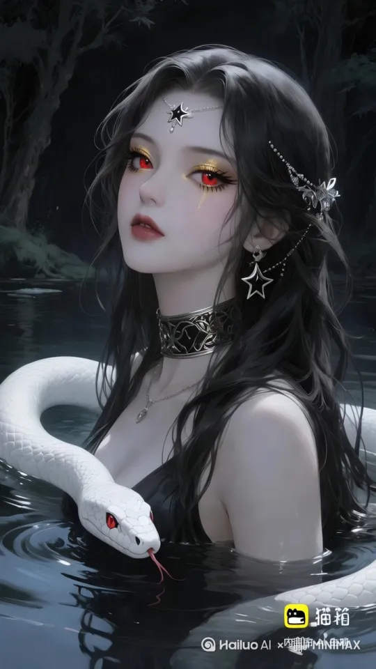 水流流动，蛇游走，女眨眼看着你，头发飘动 by Hailuo AI Video Generator