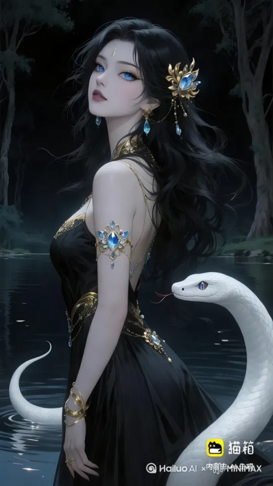水面流动，蛇游动（上升）女生转圈跳舞头发裙摆都要飘动（跟随），女生跳舞眨眼微笑（固定） by Hailuo AI Video Generator