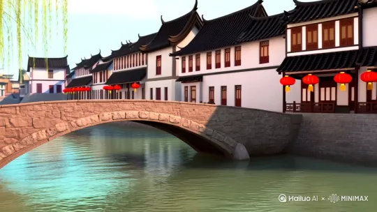 场景描述：江南水乡的石桥流水旁，白墙黛瓦的民居错落有致，柳枝轻拂挂着红灯笼的屋檐。主体描述：戴着圆框眼镜的蓝色胖猫穿着青灰色长衫，粉色耳朵随头部晃动轻颤，白色细胡须沾着酒滴，粉鼻子微微抽动，肉爪握着青瓷酒杯。动作描述：镜头从猫咪左摇开始缓缓拉远，猫身随着吟诗节奏晃动，酒杯高举时露出肚皮褶皱，后腿盘坐在竹席上。视觉风格：3D动画渲染，柔和光影与高饱和度色彩结合，模型保留卡通圆润质感。氛围：古风雅趣中透着诙谐，背景有毛笔字诗句淡入淡出。技术细节：模拟毛发随风飘动效果，布料物理跟随动作自然下垂，镜头晃动幅度与吟诗节奏同步。 by Hailuo AI Video Generator