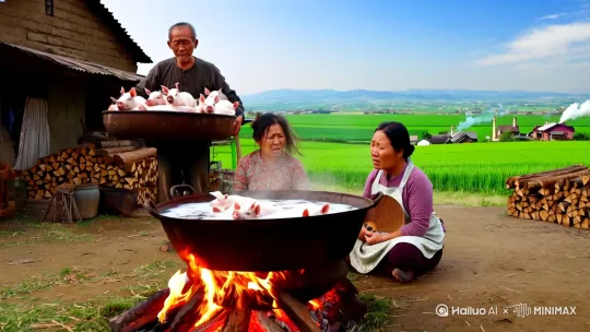 一个中国农村的村口，一个大爷正举着一个非常巨大的鼎，鼎里面全是小猪仔，周围许多人围观，没有雪的冬天
中景镜头，超高清 16K 真实摄影，HDR 效果，聚焦农村奇特一幕。 在一个中国农村的院子里，地面是夯实的泥土，还零星散落着一些草屑。一个装满水的巨大铁锅立在院子中央，令人惊讶的是，一个农村妇女居然盘坐在里面，她的裤子已经被水打湿，紧紧贴在腿上。 妇女的表情略显尴尬和无奈，头发有些凌乱。 旁边坐着两个大妈，正和她对话。一个大妈穿着花布衫，脸上满是关切和疑惑；另一个大妈系着围裙，手里拿着扇子，神情焦急。 铁锅下的火熊熊燃烧着，火苗跳跃，映红了周围的地面。 院子的角落里堆着柴禾和杂物。 远处是绿油油的农田和错落的农舍，烟囱里升腾着袅袅炊烟。 天空湛蓝通透，飘着几朵洁白的云彩。 画面整体色调以温暖的土黄色和橙红色为主，营造出既奇特又充满生活气息的氛围。每一处细节都精心描绘，仿佛能让人听到大妈们的询问声和火焰燃烧的噼啪声。
中景镜头，超高清 16K 真实摄影，HDR 效果，聚焦农村奇特一幕。 在一个中国农村的院子里，地面是夯实的泥土，还零星散落着一些草屑。一个装满水的巨大铁锅立在院子中央，令人惊讶的是，一个农村妇女居然盘坐在里面，她的裤子已经被水打湿，紧紧贴在腿上。 妇女的表情略显尴尬和无奈，头发有些凌乱。 旁边坐着两个大妈，正和她对话。一个大妈穿着花布衫，脸上满是关切和疑惑；另一个大妈系着围裙，手里拿着扇子，神情焦急。 铁锅下的火熊熊燃烧着，火苗跳跃，映红了周围的地面。 院子的角落里堆着柴禾和杂物。 远处是绿油油的农田和错落的农舍，烟囱里升腾着袅袅炊烟。 天空湛蓝通透，飘着几朵洁白的云彩。 画面整体色调以温暖的土黄色和橙红色为主，营造出既奇特又充满生活气息的氛围。每一处细节都精心描绘，仿佛能让人听到大妈们的询问声和火焰燃烧的噼啪声。
. by Hailuo AI Video Generator