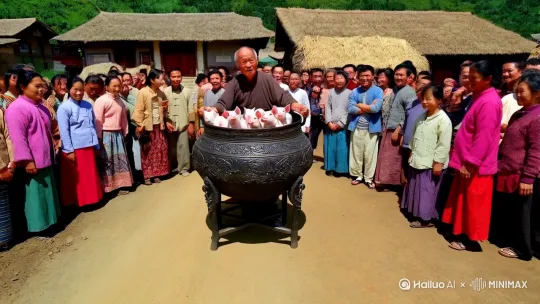 一个中国农村的村口，一个大爷正举着一个非常巨大的鼎，鼎里面全是小猪仔，周围许多人围观， by Hailuo AI Video Generator