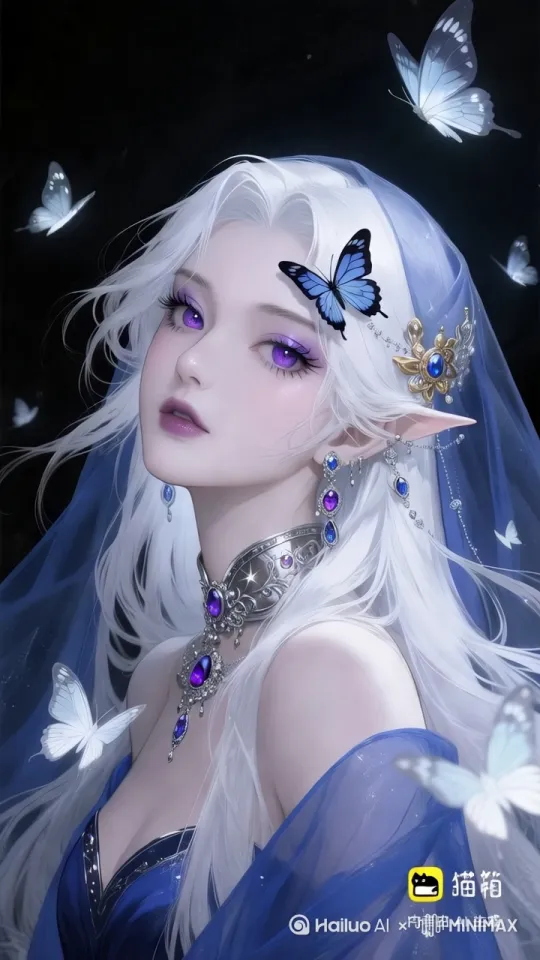 头发飘动，发丝飘动，蝴蝶飞舞，眼睛眨动，嘴唇微微上扬一点点 by Hailuo AI Video Generator