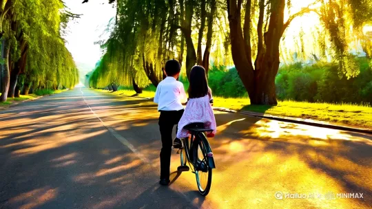 [推出,上升,下摇]【场景一：盛夏午后】
（全景）蝉鸣撕扯着炽烈阳光，梧桐树影在柏油路上碎成金箔。穿白衬衫的男生单脚支着自行车，后座女生的碎花裙摆被风掀起角，她伸手戳他挺括的后背，笑声惊飞枝头麻雀。
（特写）交握的手掠过车把，男生掌心的薄汗渗进女生指缝，车铃叮铃穿过整条绿荫街。
电影写真画质，全场景画面。 by Hailuo AI Video Generator