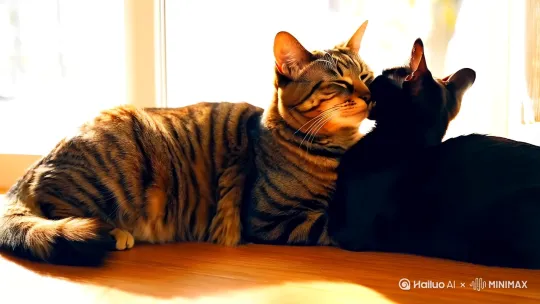 一只公狸花猫和一直黑母猫恋爱，卿卿我我。 by Hailuo AI Video Generator