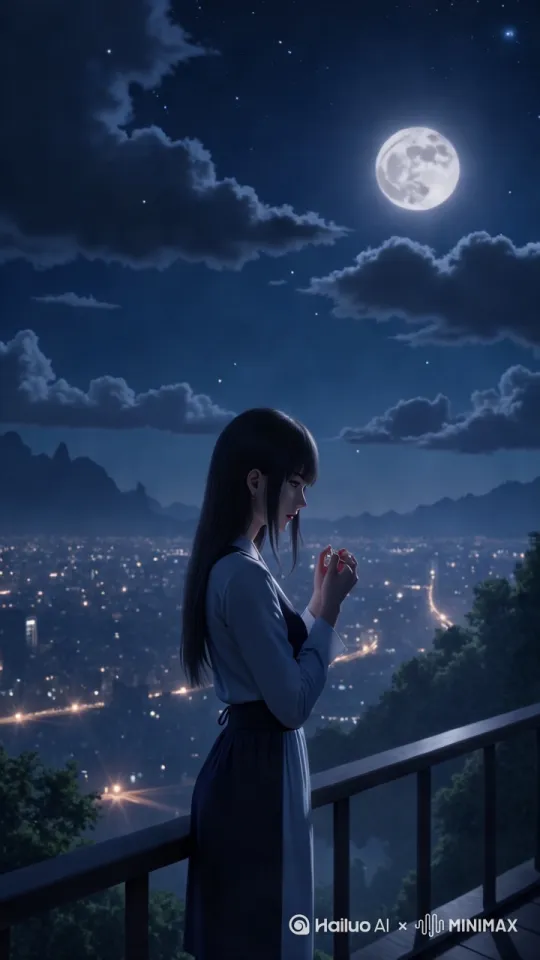 夜晚,女孩立于栏杆旁,城市灯火与星空交相辉映,满月高悬。镜头逐渐拉近,聚焦女孩神情细节。随即切换视角,以女孩的视线向上延伸,望向那轮明月。最后,画面定格于月亮特写,清晰展现月球表面纹理,周围繁星闪烁,营造静谧而梦幻的氛围。 by Hailuo AI Video Generator