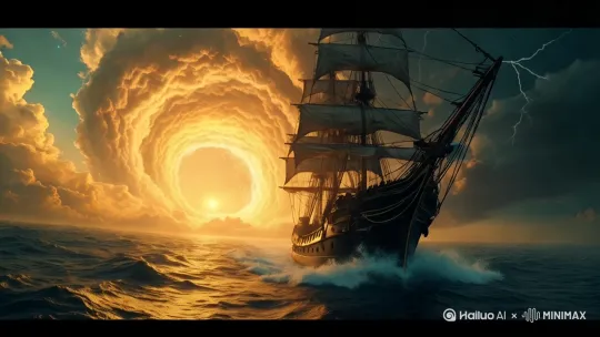 一艘雄伟帆船在金色暮光映照下的深蓝海面上破浪前行，径直驶向天际那团翻涌着炽光的巨型风暴漩涡。镜头以广角远景开场，随后从船尾低空推近，如掠浪滑翔般缓缓逼近船体。鎏金光斑在水面跃动，云层间雷电与星辉能量交织脉动。隐约渐起的管弦乐烘托出悬疑氛围，与此刻的壮阔奇景共鸣。电影级运镜。 by Hailuo AI Video Generator