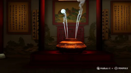 人物描写：一个膘肥体壮的男人 肚子上和脖子上都是肥肉 并且穿着花衬衣 脖子上挂着一个有黑棕色麻绳绑着的青色玉牌 玉牌上刻着龙和凤凰的图案 脚上穿着凉拖鞋 
环境描写：此时他正处于一个祠堂中 香炉放在供台的中间 上面插着三根香 并且在冒烟 周围的墙壁上挂着中国画和书法作品
动作描写：这是男人虔诚的向香炉拜了三拜 并且张开手臂表现出自己的虔诚 这是男人穿的休闲裤的右口袋里面多了400块钱 并且喊了“来财 来财 来 瘪老仔”
运镜描写：视角刚开始在祠堂的上方 男人开始进入 摄像机从上方逐渐围绕到了男人的左前方 拍下了男人拜了三拜 此时光线昏暗 只照亮了男人的侧半边脸 在拍完后旋转到了男人前方 再没有其他 by Hailuo AI Video Generator