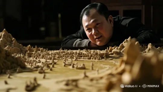 让沙盘上清明上河图中的万物生灵动起来，男人好奇的观察着图中动态的云云众生 by Hailuo AI Video Generator