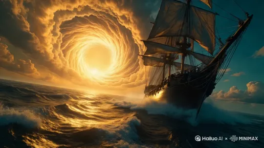 帆船在海面上破浪前行,径直驶进巨型风暴漩涡口中。镜头以广角远景开场,随后从船尾低空推近,随着帆船驶进漩涡中,旋涡爆发出耀眼的光芒。漩涡里,帆船周边的漩涡云层间雷电与星辉能量交织脉动。隐约渐起的管弦乐烘托出悬疑氛围,与此刻的壮阔奇景共鸣。电影级运镜。 by Hailuo AI Video Generator