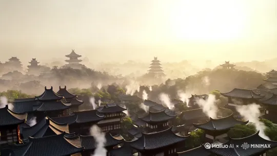镜头：俯拍长安城全景→推近朱雀大街→特写檐角晃动的尾巴尖
▌动态：晨雾在青瓦间流动，蒸笼热气与犬尾摇摆同步律动，一滴口水在犬齿尖端拉丝坠落
▌提示词：水墨风长安城，青衫柴犬侠客，朦胧晨雾，木质蒸笼热气，动态模糊的扫帚状尾巴，4K毛发细节 by Hailuo AI Video Generator