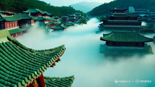 镜头：俯拍长安城全景→推近朱雀大街→特写檐角晃动的尾巴尖
▌动态：晨雾在青瓦间流动，蒸笼热气与犬尾摇摆同步律动，一滴口水在犬齿尖端拉丝坠落
▌提示词：水墨风长安城，青衫拟人化柴犬侠客，朦胧晨雾，木质蒸笼热气，动态模糊的扫帚状尾巴，4K毛发细节 by Hailuo AI Video Generator