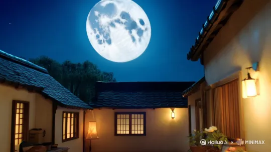 今天是母亲节，祝愿所有的妈妈节日快乐！慈母手中线，游子身上衣。夜晚月光晒在屋顶母亲在桌旁做针线，昏安的灯光照着母亲慈祥的脸庞，孩子在桌旁学习，一片祥和的景色，孩子穿着妈妈亲手做的衣服，开心的笑了。镜头缓慢跟进，左右摇晃。从空中俯拍，慢慢到屋里。[推出,上升,下摇]加上音乐 by Hailuo AI Video Generator