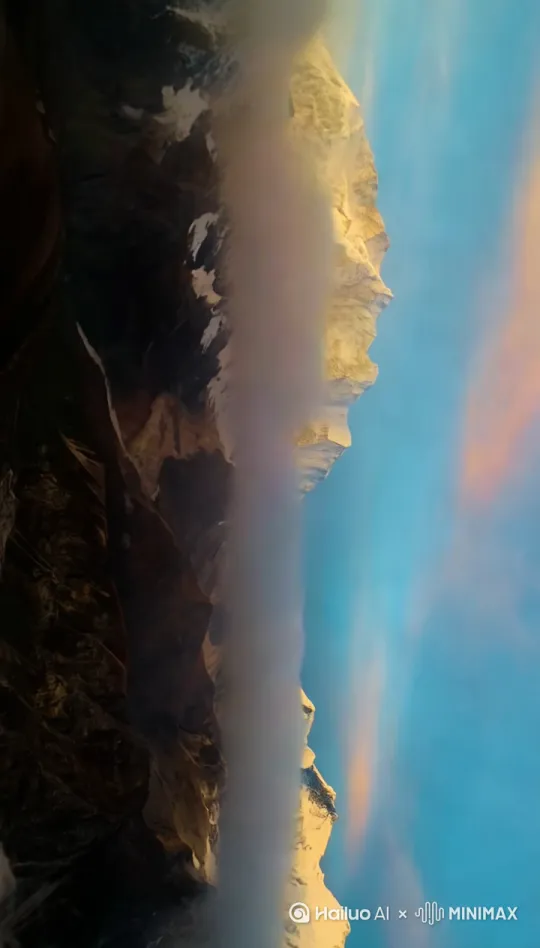 炫彩阳光投射而下，风云变幻，最后晴空万里，蓝天白云雪山 by Hailuo AI Video Generator