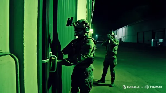 特战队员，头戴夜视仪，左手轻轻搭在工厂大门的门把手上，准备开门。后面的队友转身持枪警戒， by Hailuo AI Video Generator
