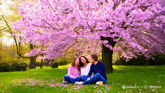 樱花树下坐着几位好朋友在开心地交谈，畅想未来 by Hailuo AI Video Generator