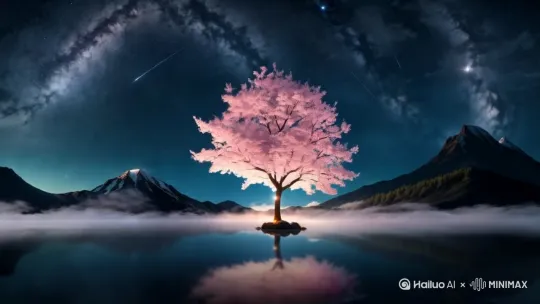"月光下的樱花树在湖面投下柔美倒影，粉白花瓣随风飘落如星雨。银河在薄雾笼罩的山巅流淌，流星划过时惊起夜栖的白鹭。湖面泛起涟漪，倒映的山峦与真实景致在雾气中交融，形成虚实交织的奇幻画卷。背景音乐渐强时，樱花树突然绽放金光，花瓣化作光点汇入银河，最终化为漫天星辰。" by Hailuo AI Video Generator