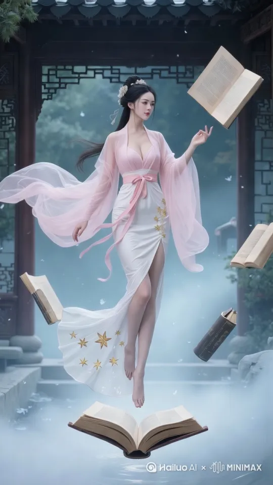 以古风女子为中心，首先运用快速运镜从远景瞬间拉近至女子上半身，聚焦其精致服饰与灵动神情；随后镜头缓慢环绕，细腻展现飘逸的粉白长裙、金色星纹及悬浮书籍，同时呈现古典庭院与云雾缭绕的唯美背景；最后镜头快速飞离，展示女子悬浮于庭院的整体画面，书本随动作飘动，强化动态视觉效果。 by Hailuo AI Video Generator