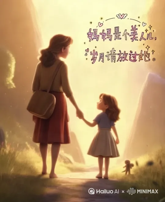 帮我生成一个视频：图片中的妈妈拉着小女孩的手向前方走去。围绕他们从后面到前面的运镜拍摄，拍摄到正面后，上升镜头俯瞰妈妈和女孩。比例 3:4。[右移,左摇,跟随] by Hailuo AI Video Generator