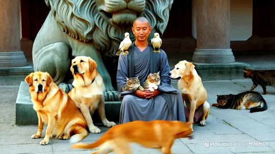 实景拍摄，石狮子雕像下面有穿着灰色长袍的修行人在打坐，一个斑鸠卧在肩上，怀中趴着两只猫，一边蹲着一只大黄狗，另一边一只猫来回走动，前边趴着一只狗 by Hailuo AI Video Generator
