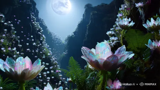 *时间设定**：盛夏午夜，月光最饱满的时段，空气里漂浮着薄雾般的夜露。

- **地点设定**：环山盆地中的隐秘花谷，三面环崖形成天然温室，保留着远古植物的基因。

- **基本背景**：这片被遗忘的秘境遵循着与外界迥异的生态法则，月光是植物生长的能量源，夜行生物与植物形成共生关系。花朵在月相最圆时进入盛放期，释放信息素召唤特定波长的萤火虫。

### 故事梗概

- **月相轮回**：满月银辉唤醒沉睡的花苞，花瓣如丝绸般次第舒展，月光在露珠上折射出虹彩。

- **荧光共生**：青玉色萤火虫循着信息素轨迹而来，虫群与花海形成光影共振，触须轻点花蕊时触发磷光涟漪。

- **呼吸韵律**：夜风带着特调的花香配方，不同植株释放的气息在空气中交织成催眠的香氛矩阵。

- **时空凝滞**：当萤火虫群组成螺旋光带时，整片花谷陷入量子态的时空褶皱，刹那即是永恒。

我们将重点描写花谷在满月时刻的觉醒仪式，月光与生物荧光的量子纠缠，以及这种特殊生态环境中生命形态的奇幻蜕变。

---
**子夜时分**，月光像融化的水银漫过环形山谷。数以万计的夜光昙在岩壁上同时舒展花瓣，半透明的萼片泛起珍珠母贝的光泽，仿佛悬崖垂下千万盏水晶宫灯。

萤火虫群从蕨类森林深处苏醒，青玉色的尾光与月光产生奇妙的共振。它们并非散乱飞舞，而是沿着某种古老的能量轨迹盘旋，在花海上空织就发光的经纬线。当某只萤火虫的触须轻触夜昙花蕊的刹那，整株植物便会从根部泛起磷光涟漪，如同被唤醒的星辰电路。

暗紫色的月光花在腐殖土上铺开天鹅绒地毯，每片花瓣都蓄着半盅夜露。浅蓝萤火虫倒映在这些微型湖泊里，把地面变成破碎的星空拼图。偶尔有晚风掀起花浪，裹着晚香玉的甜腻与龙舌兰的冷冽，将萤火虫的光粒揉碎成发光的薄雾。

最奇诡的是西侧峭壁下的发光蓟丛，这些植株的棘刺里流淌着生物荧光液。银白萤火虫群在此处变换队形，组成螺旋状的光带缓缓上升。当它们抵达与弦月等高的位置时，所有蓟花突然迸射青白色冷焰，将虫群吞没成转瞬即逝的光之漩涡。

露水开始凝结成霜的时刻，最早绽放的夜来香已然凋谢。半枯萎的花瓣坠落时，总会被途经的萤火虫托住，载着这些淡紫色的轻舟，摇摇晃晃地沉入铺满发光苔藓的溪流。

---

**接下来我们将深入探讨这个场景的核心意象与情感联结**：

1. **月光编程**：环形山谷的岩壁实际是天然的光学反射器，经过千年演化形成精密的光路系统。满月时月光被折射成特定光谱，触发不同区域花朵的开放程序，如同生物版的二进制代码

2. **荧光密码**：萤火虫尾光频率与花朵的荧光波长构成互补色系，当两者相遇时会产生视觉暂留效应。这种现象实则是植物与昆虫的化学对话——青玉色光波携带花粉信息，银白色闪烁代表授粉完成

3. **时空琥珀**：在光浪达到峰值的三分钟内，花谷会进入量子叠加态。所有生物运动呈现布朗运动的无序与分形几何的秩序双重特性，形成可被观测但无法记录的绝对梦幻时刻 by Hailuo AI Video Generator