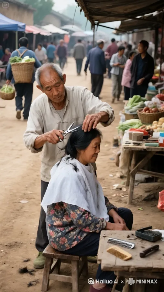 理发师拿起剪刀，高高跃起，在空中来了个漂亮的回旋，落地后手腕轻轻一抖，剪刀如同舞动的蝴蝶，上下翻飞，恰似太极拳中的云手，动作轻柔却又精准无比，每一次开合都精准地剪下顾客的发丝。剪刀所到之处，头发纷纷飘落，如同秋风中的落叶，整齐而有序。接着，理发师放下剪刀，拿起推子。推子在顾客的头上快速移动，仿佛在施展一套凌厉的少林拳法。推子发出的声音有节奏地响起，宛如奏响的乐章。大爷的眼神专注而坚定，随着推子的移动，顾客的发型逐渐显现出雏形，推子走过的地方，头发层次分明，就像经过精心雕琢一般。 by Hailuo AI Video Generator