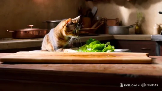 一只猫咪在厨房洗菜，另一只猫正在炒菜。 by Hailuo AI Video Generator
