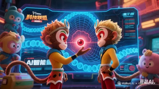 帮我生成一个视频：动态光影交织成巨大的"科技联盟"扫描网[左移,推进,右摇]。量子波纹在屏幕上流转，超级计算的数据流飞速滚动， AI 智能眼闪烁红光[推出,上升,下摇]，开始对两个孙悟空形象（此时的两个孙悟空是一样的）进行比对分析[右移,左摇,跟随]。随着"叮"的一声清脆提示音，假悟空的影像被红色警示框锁定（两个猴子同在画面中）[左摇,变焦推进]，逐渐显露出六耳猕猴的真身（此时一个是真孙悟空形象，一个是普通猴子形象，两个猴子同在画面中并与比较真假）[推出,上升,下摇]。要求：图片风格为卡通，比例 16:9。比例 16:9。 by Hailuo AI Video Generator