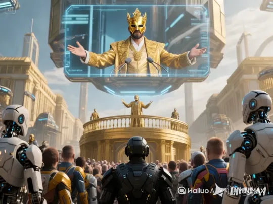 [下降,上摇]a king in gold outfits is talking on the balcony and on the holographic screen. And Robots are waving their hands watching the king speech by Hailuo AI Video Generator