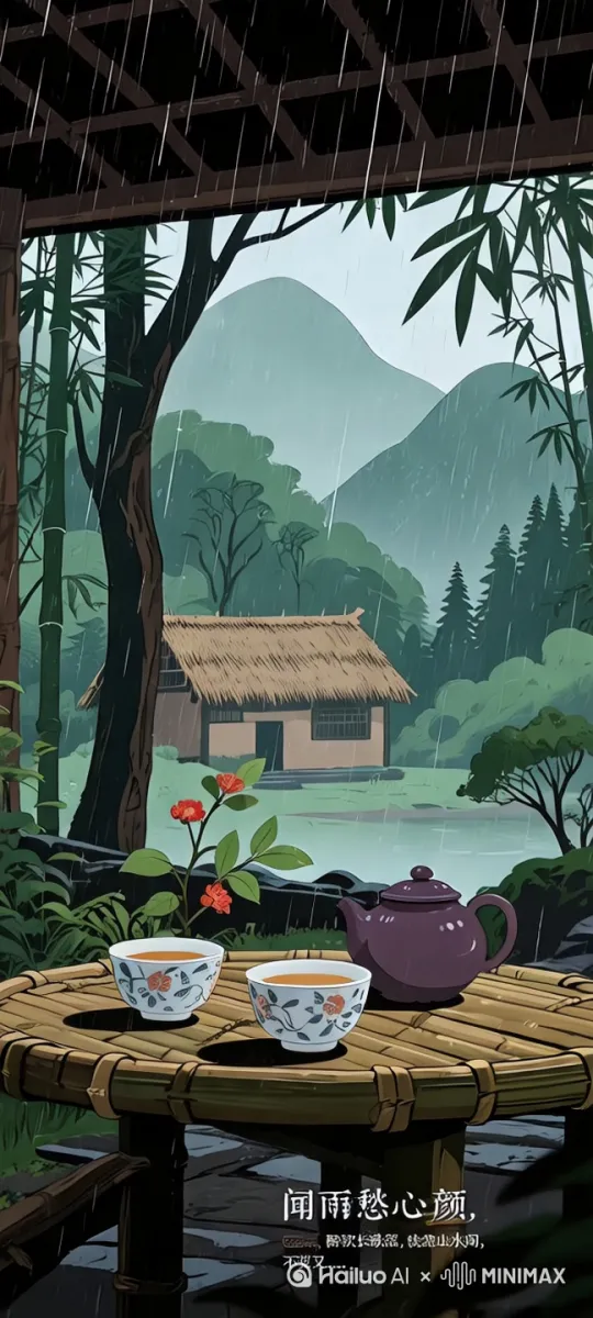帮我生成一个视频：细雨如丝，悠悠垂落，“滴答滴答”，轻叩竹制顶棚，那声响似珍珠坠玉盘，清越灵动。继而，“沙沙沙”的雨幕铺展，雨滴轻吻竹叶的细碎、抚过茅屋的绵密，与远山朦胧的回响悄然和鸣，如一曲自然协奏。天地间，静谧如墨，悠悠雨声似将时光浸润，只留满心宁适，任喧嚣远遁，唯余这一脉清韵在山水间低吟浅唱。比例 9:16。 by Hailuo AI Video Generator