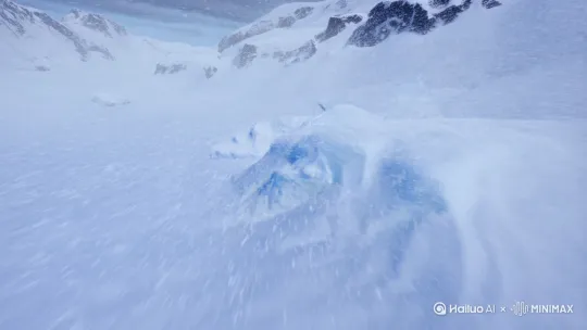 镜头俯冲过风雪弥漫的冰原，突然穿透冰层，露出闪耀着蓝金光的远古遗迹，镜头略微颤动，增强发现感。 by Hailuo AI Video Generator
