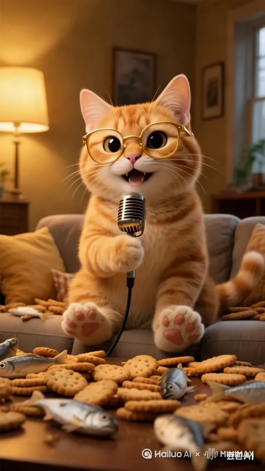 保持原有拟人化猫咪特征，猫咪深情的正在不停的唱歌 by Hailuo AI Video Generator