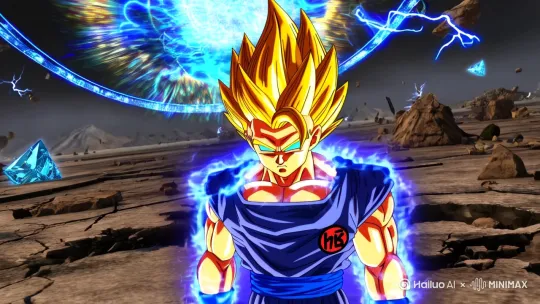Anime-style Super Saiyan transformation, golden spiky hair glowing with aura, intense energy waves radiating from body, glowing turquoise eyes, muscular anime physique, dynamic wind effects, crackling lightning surrounding figure, dramatic anime shading style, Dragon Ball Z aesthetic --ar 9:16 --v 5.2，Ultra-detailed golden hair standing vertically with glowing particles ，Swirling energy vortex with chromatic aberration effect ，Crystalline lightning bolts in electric blue and gold，Cracked ground with floating debris ，Holographic energy rings expanding outward ，Ukiyo-e ink wash effects blended with cyberpunk neon lighting, 
hyper-realistic 8K textures, 
cinematic depth of field with motion blur --chaos 20 --stylize 900. by Hailuo AI Video Generator