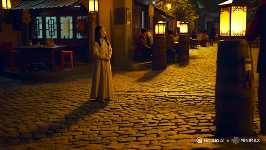 [推进,上升]“让我掉下眼泪的，不止昨夜的酒。让我依依不舍的，不止你的温柔。余路还要走多久，你攥着我的手。让我感到为难的，是挣扎的自由。”
 
- 提示词：成都街头、夜晚、酒馆、温柔的人、不舍的情感、漫步、自由与挣扎 by Hailuo AI Video Generator