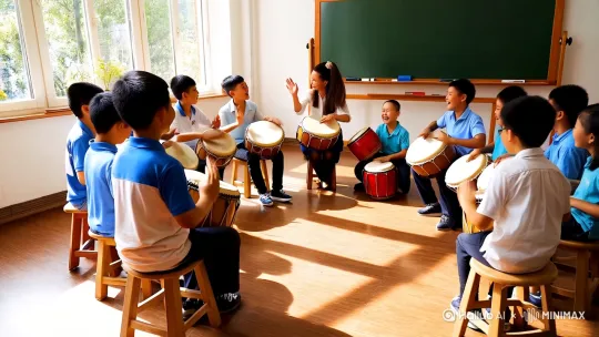 生成一群初中生在音乐教室里跟着老师一起打非洲鼓，每人一个非洲鼓，每个人有一张凳子，围坐成一个半圆，老师在中间打，大家都很开心，老师是一个扎着马尾的女生，都是中国人，教室很明亮，有黑板，有窗户 by Hailuo AI Video Generator
