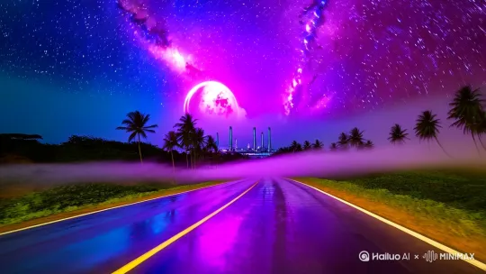深夜的热带海滨公路上,富士Velvia胶片风的色彩饱和度和对比度,8k星空摄影的细腻质感,渐变霓虹星云环绕着一颗巨大的紫罗兰星球,镜面般的公路倒映着璀璨的银河,椰树的剪影在荧光星芒中若隐若现,柔光雾气营造出丰富的空间层次,展现出超现实天文奇观与真实质感的完美融合。而在这奇幻场景的远方,若隐若现着鞍山的轮廓,它仿佛也被这超现实的氛围所笼罩,钢铁的质感与这梦幻星空下的热带海滨公路形成一种奇妙的呼应,鞍山的建筑在柔光雾气中增添了一份神秘色彩,与整个画面超现实与真实质感并存的风格相得益彰。 by Hailuo AI Video Generator
