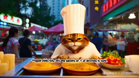 一只大猫身穿厨师服装，头戴厨师帽，在长沙黄兴路步行街的油炸臭豆腐摊位上吆喝：好香的臭豆腐，欢迎四方来客品尝。请生成视频。 by Hailuo AI Video Generator