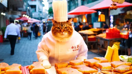 一只大猫身穿厨师服装，头戴厨师帽，在长沙黄兴路步行街的油炸臭豆腐摊位上吆喝：好香的臭豆腐，欢迎四方来客品尝。请生成视频。 by Hailuo AI Video Generator