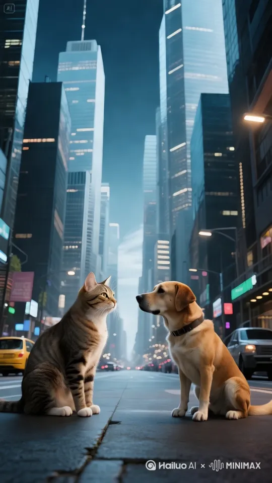镜头跟随，猫和狗展开一场中国功夫对决，双方招式凌厉，闪转腾罗，时而拳打脚踢，时而闪避攻击，时而腾空踢击，攻击手段层出不穷，武侠电影风格，双方武艺高强，各自的招式不同。 by Hailuo AI Video Generator