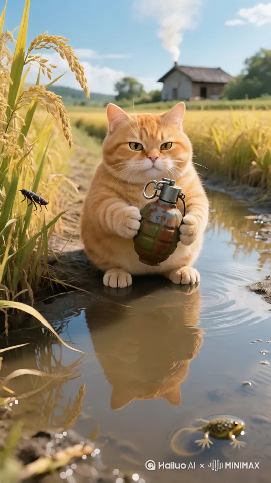猫体前倾,作投掷姿势,肌肉紧绷带动背带裤晃动,手榴弹引信烟雾明灭闪烁。稻田受气流冲击,稻穗如波浪翻涌;水坑被弹片激起放射状水花,稻叶上众多螃蟹惊散纷飞。云层快速移动,光影随之变幻,丁达尔光束穿透爆炸硝烟,水面倒影扭曲变形。爆炸瞬间,橘色火球腾起,冲击波掀飞猫的帽子,稻穗呈爆炸状发散。飞溅泥浆附着猫爪,烟雾中稻壳碎屑悬浮,水坑底沉积气泡陆续破裂。采用高速摄影捕捉运动轨迹,动态模糊增强冲击力,粒子特效细腻模拟爆炸烟尘扩散,画面比例9:16,展现极具张力的瞬间动态。 by Hailuo AI Video Generator