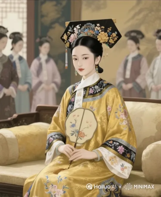 清朝旗头，皇后身着华贵凤袍端坐在宝殿上，雕凤屏风与丝绸帷幔随风轻动，她神情庄重仪态优雅，阳光透过窗棂在琉璃地砖上流转，动态镜头。 by Hailuo AI Video Generator