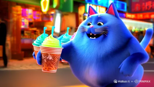 蓝色的胖猫，拿着很多很多奶茶杯子，笑容，走路，跟镜头 by Hailuo AI Video Generator