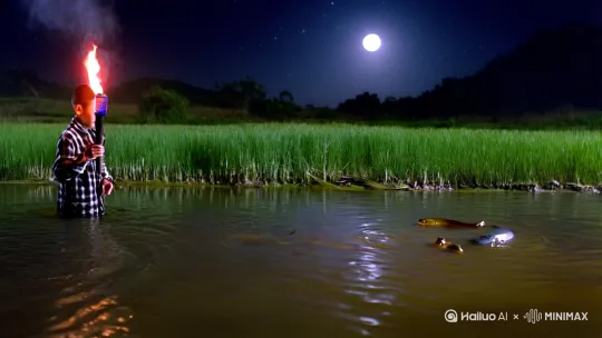 在一个80年代的中国农村的夜晚，半个月亮挂在天空，繁星闪烁。一个穿着打着补丁的黑白格子寸衫的少年，左手举着熊熊燃烧的火把，下面还拎着一个蛇皮袋。弯着腰，右手去抓一条在稻田游动的鳝鱼。鳝鱼旁边有几只小青蛙。少年额头留着汗珠。 by Hailuo AI Video Generator