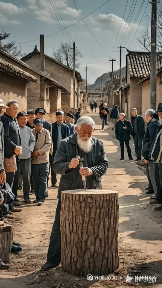 镜头移动，动态跟随。大爷凌空飞起翻身倒立与木桩之上，飞速、疯狂的旋转翻腾，瞬间将面前的这段木桩雕刻成为一只艺术品的木质金毛犬蹲立地面，同时无数木屑四处飞溅洒落地面。观众拍掌观呼。 by Hailuo AI Video Generator